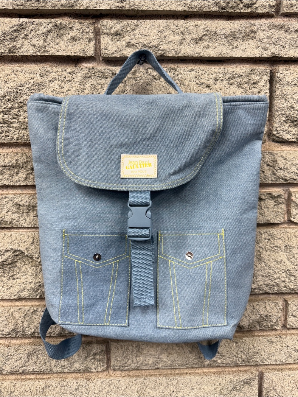 Jean Paul Gaultier Blue Canvas Backpack with Yellow Stitching